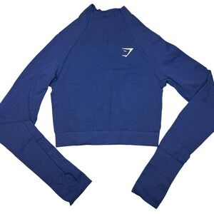 Gymshark Womens Small Vital Seamless 2.0 High Neck Midi Crop Top Blue Gym Active